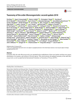 Taxonomy of the Order Mononegavirales: Second Update 2018