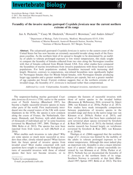 Fecundity of the Invasive Marine Gastropod Crepidula Fornicata Near the Current Northern Extreme of Its Range