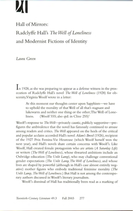 Hall of Mirrors: Radclyffe Hall's the Well of Loneliness and Modernist Fictions of Identity
