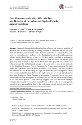 Does Resource Availability Affect the Diet and Behavior of the Vulnerable Squirrel Monkey, Saimiri Vanzolinii?