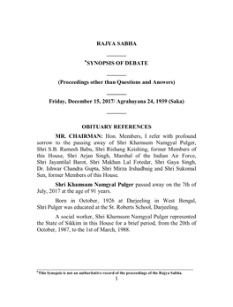 SYNOPSIS of DEBATE ______(Proceedings Other Than Questions and Answers) ______Friday, December 15, 2017/ Agrahayana 24, 1939 (Saka) ______