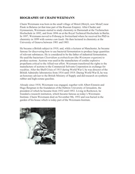 Biography of Chaim Weizmann