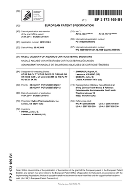 Nasal Delivery of Aqueous Corticosteroid Solutions Nasale Abgabe Von Wässrigen Corticosteroidlösungen Administration Nasale De Solutions Aqueuses De Corticostéroïdes