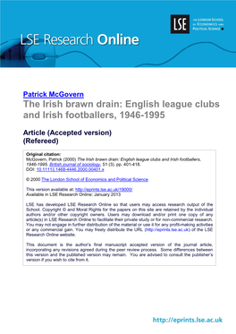 The Irish Brawn Drain: English League Clubs and Irish Footballers, 1946-1995