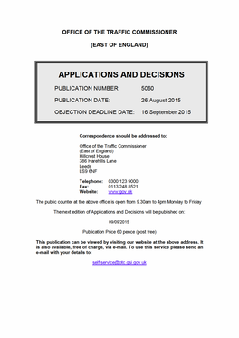 Applications and Decisions for the Office of the Traffic Commissioners (East of England)