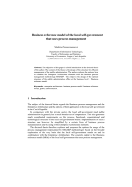 Business Reference Model of the Local Self-Government That Uses Process Management