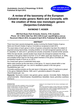 A Review of the Taxonomy of the European Colubrid Snake Genera Natrix and Coronella, with the Creation of Three New Monotypic Genera (Serpentes:Colubridae)