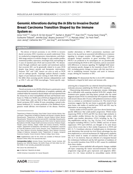 Genomic Alterations During the in Situ to Invasive Ductal Breast Carcinoma Transition Shaped by the Immune System a C Anne Trinh1,2,3, Carlos R