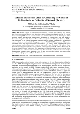 Detection of Malicious Urls by Correlating the Chains of Redirection in an Online Social Network (Twitter)