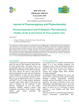 Pharmacognostical and Preliminary Phytochemical Studies on the Leaf Extract of Ficus Pumila Linn