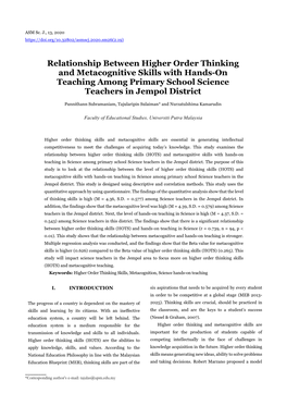 Relationship Between Higher Order Thinking and Metacognitive Skills with Hands-On Teaching Among Primary School Science Teachers in Jempol District