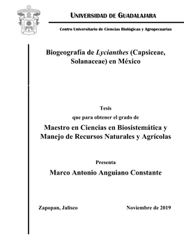 Biogeografía De Lycianthes (Capsiceae, Solanaceae) En México Maestro En Ciencias En Biosistemática Y Manejo De Recursos Natur