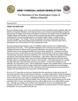 ARMY FOREIGN LIAISON NEWSLETTER for Members of the Washington Corps of Military Attachés