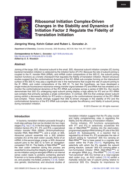 Ribosomal Initiation Complex-Driven Changes in the Stability and Dynamics of Initiation Factor 2 Regulate the Fidelity of Translation Initiation