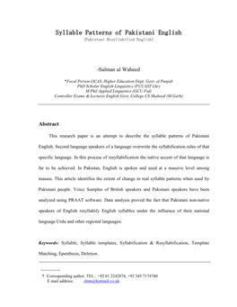 Syllable Patterns of Pakistani English (Pakistani Resyllabified English)