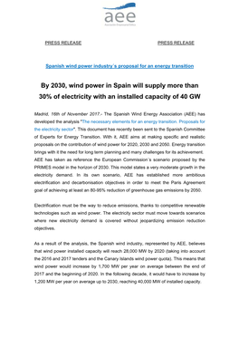 By 2030, Wind Power in Spain Will Supply More Than 30% of Electricity with an Installed Capacity of 40 GW