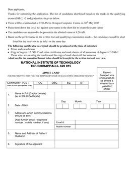 National Institute of Technology Tiruchirappalli- 620 015