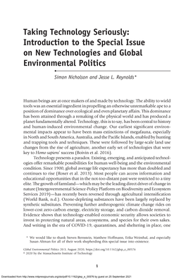 Taking Technology Seriously: Introduction to the Special Issue on New Technologies and Global Environmental Politics • Simon Nicholson and Jesse L
