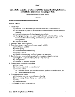 Elements for an Outline of a Review of Water Supply Reliability Estimation Related to the Sacramento-San Joaquin Delta Delta Independent Science Board