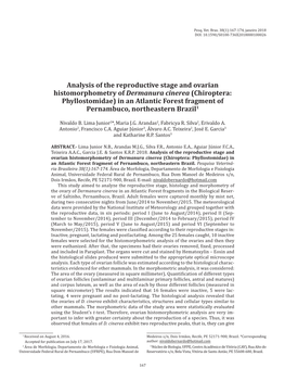 Analysis of the Reproductive Stage and Ovarian Histomorphometry of Dermanura Cinerea (Chiroptera: Phyllostomidae) in an Atlantic Forest Fragment of Pernambuco, Northeastern Brazil1