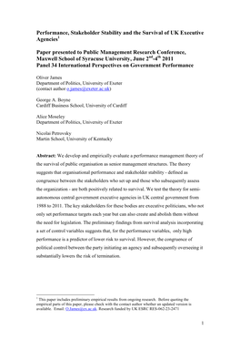 Performance, Stakeholder Stability and the Survival of UK Executive Agencies Paper Presented to Public Management Research Confe