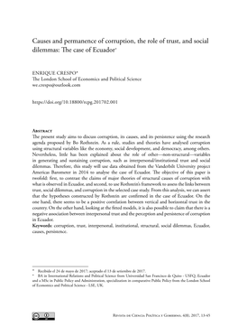 Causes and Permanence of Corruption, the Role of Trust, and Social Dilemmas: the Case of Ecuador+