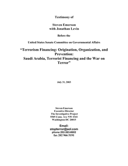 Origination, Organization, and Prevention: Saudi Arabia, Terrorist Financing and the War on Terror”