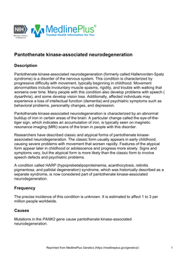 Pantothenate Kinase-Associated Neurodegeneration