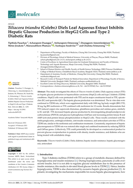 Tiliacora Triandra (Colebr.) Diels Leaf Aqueous Extract Inhibits Hepatic Glucose Production in Hepg2 Cells and Type 2 Diabetic Rats
