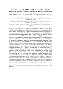 Comparison of ABTS, DPPH, and FRAP Assays for Estimating Antioxidant Potential of Selected Sri Lankan Traditional Sweetmeats