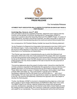 KITIKMEOT INUIT ASSOCIATION PRESS RELEASE for Immediate