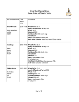 Cornwall Council Approved Garages Hackney Carriage and Private Hire Vehicles