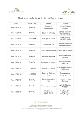 Match Schedule for the World Cup 2018 Group Phase