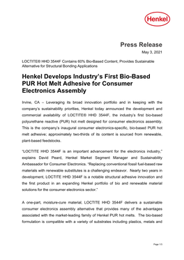 Press Release Henkel Develops Industry's First Bio-Based PUR Hot