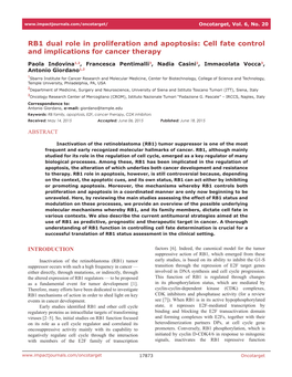 RB1 Dual Role in Proliferation and Apoptosis: Cell Fate Control and Implications for Cancer Therapy