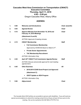 CWACT) Executive Committee Thursday, April 11, 2019 4:00 – 5:00 Pm Oregon Cascades West, Albany Office