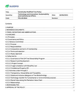 Genetically Modified Tree Policy Technology and Innovation, Sustainability Issued By: Date: 18/06/2021 and Institutional Affairs Code: POL.00.0044 Revision