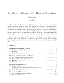 Introuduction to Representation Theory of Lie Algebras