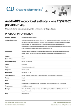Anti-HABP2 Monoclonal Antibody, Clone FQS25662 (DCABH-7346) This Product Is for Research Use Only and Is Not Intended for Diagnostic Use
