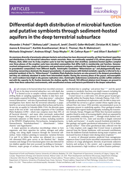 Differential Depth Distribution of Microbial Function and Putative Symbionts Through Sediment-Hosted Aquifers in the Deep Terrestrial Subsurface