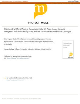 Mitochondrial DNA of Ancient Cumanians: Culturally Asian Steppe Nomadic Immigrants with Substantially More Western Eurasian Mitochondrial DNA Lineages