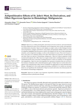 Antiproliferative Effects of St. John's Wort, Its Derivatives, and Other Hypericum Species in Hematologic Malignancies