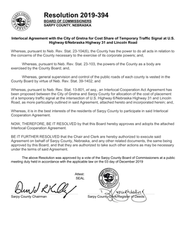 Interlocal Agreement with the City of Gretna for Cost Share of Temporary Traffic Signal at U.S