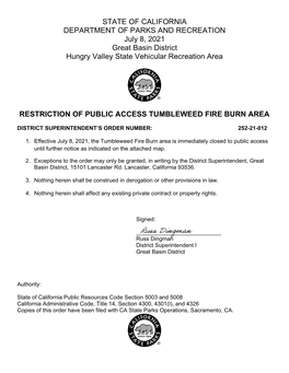 STATE of CALIFORNIA DEPARTMENT of PARKS and RECREATION July 8, 2021 Great Basin District Hungry Valley State Vehicular Recreation Area