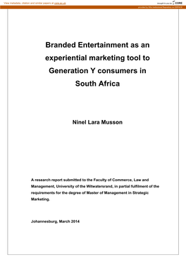 Branded Entertainment As an Experiential Marketing Tool to Generation Y Consumers in South Africa