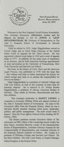 Welcome to the New England Circle/Citizens Roundtable. This Evening's Discussion, Affirmative Action and Its Impact on Society Is Led by JUDGE A