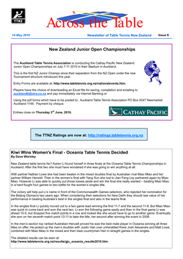 Across the Table 14 May 2010 Newsletter of Table Tennis New Zealand Issue 8