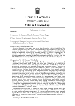 House of Commons Thursday 12 July 2012 Votes and Proceedings