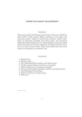 NOTES on RADON TRANSFORMS Abstract These Notes Include the Following Selected Topics: Discussion of Radon's Paper (1917); Tota