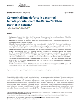 Congenital Limb Defects in a Married Female Population of the Rahim Yar Khan District in Pakistan Hafiza Fizzah Riaz , Sajid Malik*